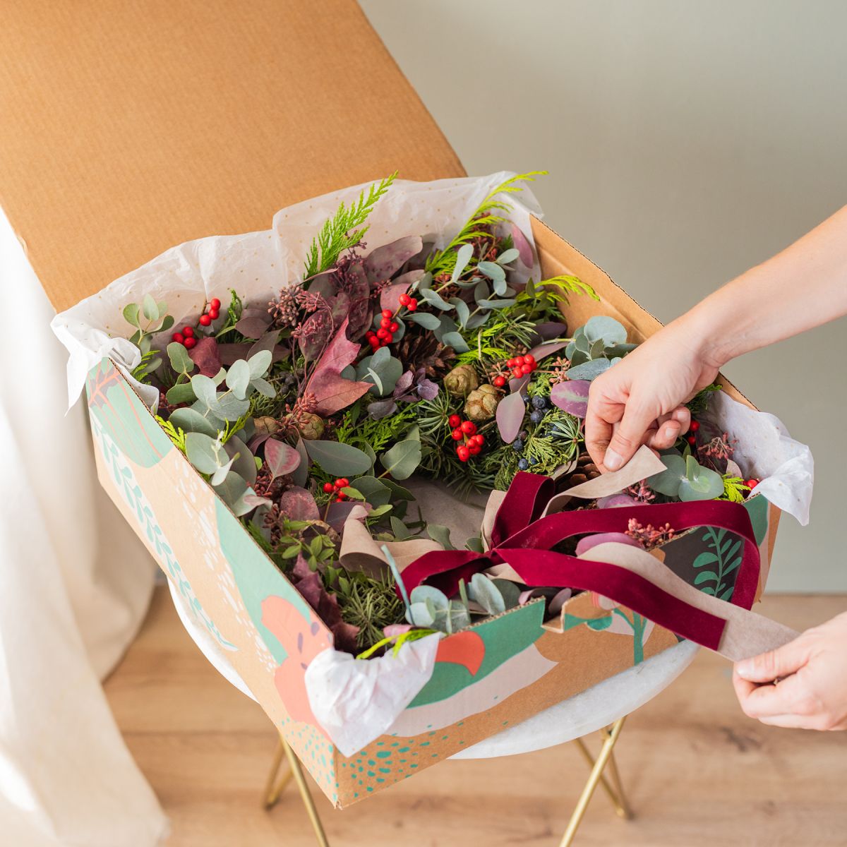 Maxi coroa natural de folhagem bordeaux